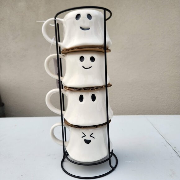 NEW Ceramic Ghost Mugs Mug Set of 4 Stacking Stackable White Stoneware Can hold - Picture 6 of 16